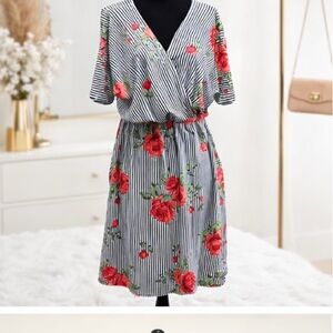 Vine & Love Black and White Striped Midi Dress with Red Floral Print